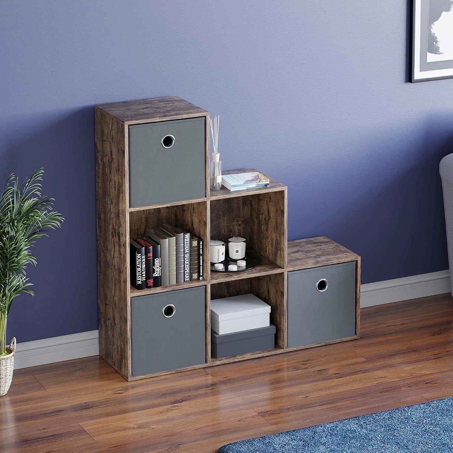 Dark Wood 6 Cube Staircase Bookcase with 3 Grey Baskets – Modern Storage Unit