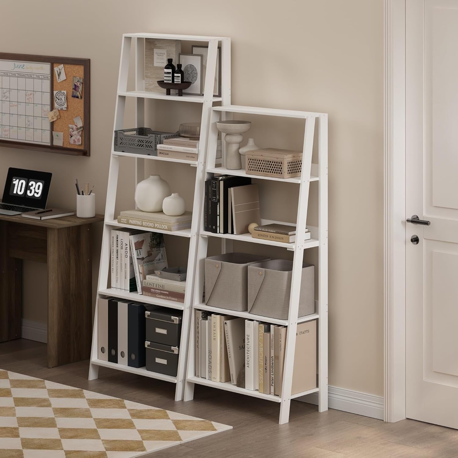 6 Tier Ladder Bookcase Tall Display Storage Shelf Space Saving White