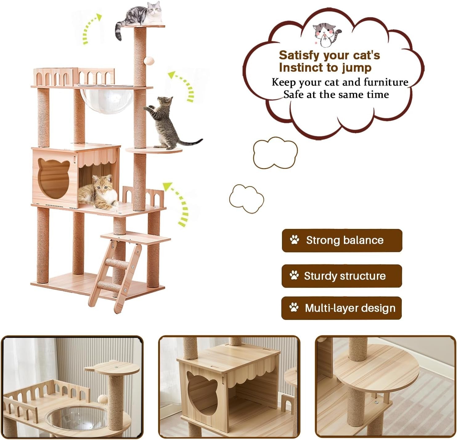 135cm Wooden Cat Tree Tower Condo Stairs Sisal Posts Modern Indoor Cats