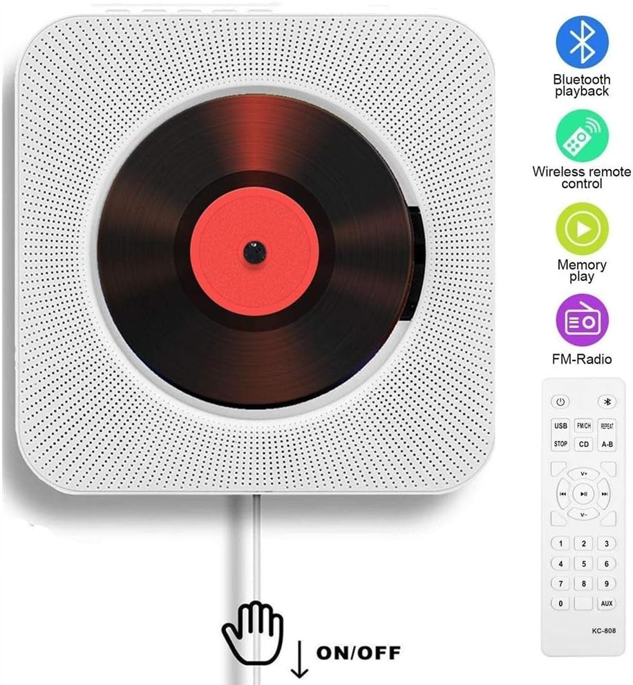 Bluetooth CD Player Wall Mounted HiFi Speakers FM Radio Remote White