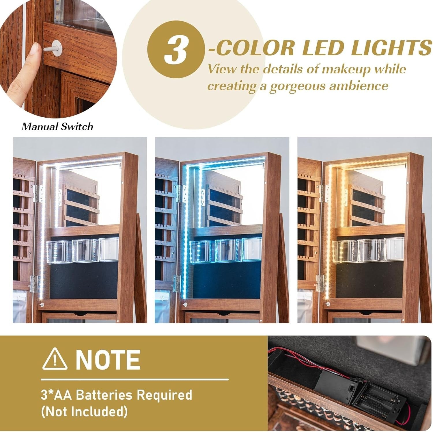 360° Swivel Jewelry Armoire Lockable Full Length Mirror LED Storage Brown