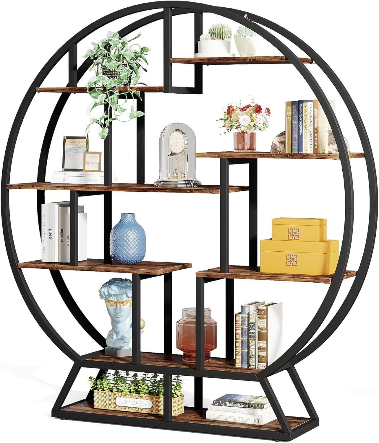 160cm Round Industrial Bookcase 5 Tier Metal Wood Display Shelf Organizer