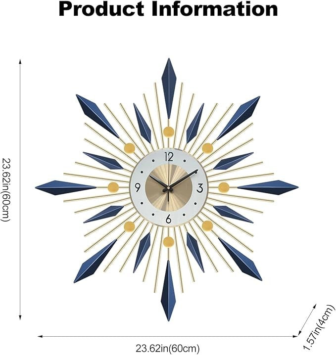 60cm Large Sunburst Wall Clock Modern Silent Metal Blue Gold Home Decor