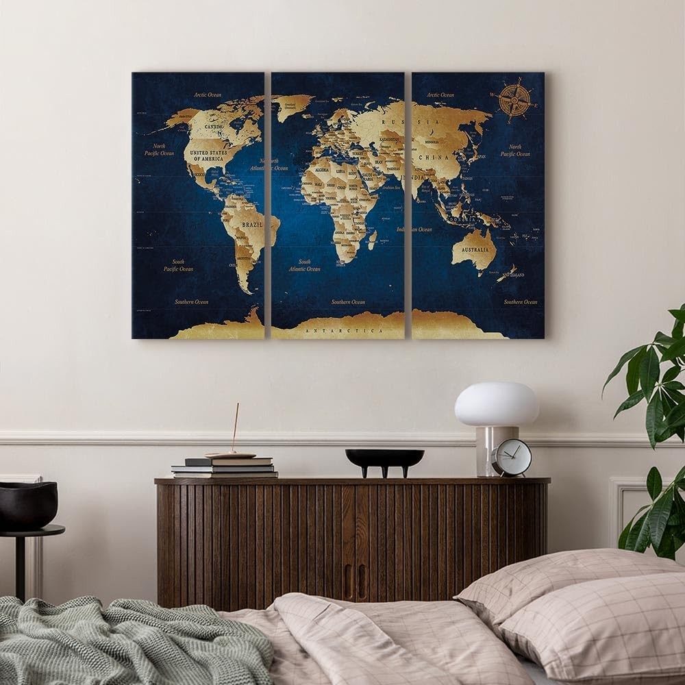 World Map Canvas Wall Art 3 Panel Large Wall Decor Modern Home Office Print