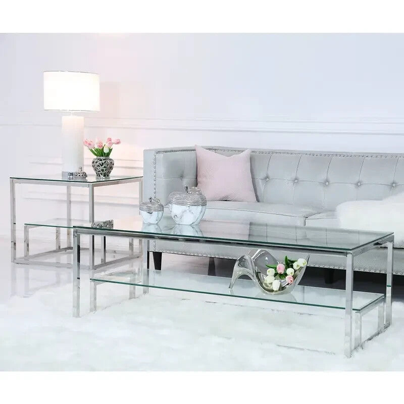 2 Tier Stainless Steel Glass Coffee Table Modern Living Room Decor
