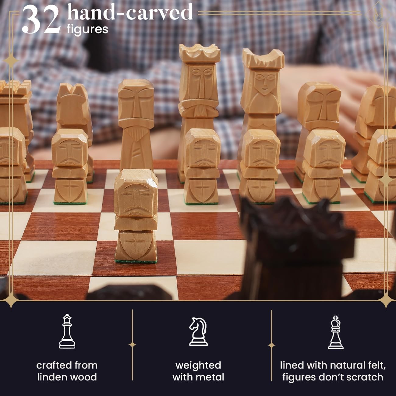 50cm Deluxe Hand-Carved Wooden Chess Set | Inlaid Folding Board & Sculpted Piece