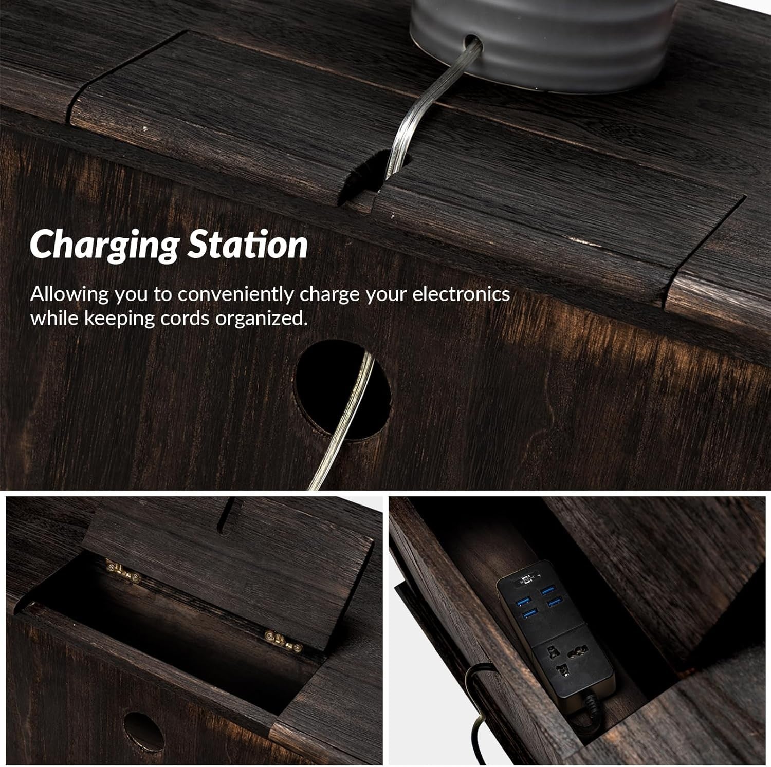 Charcoal Wood 2 Drawer Nightstand – French Country Bedside Table