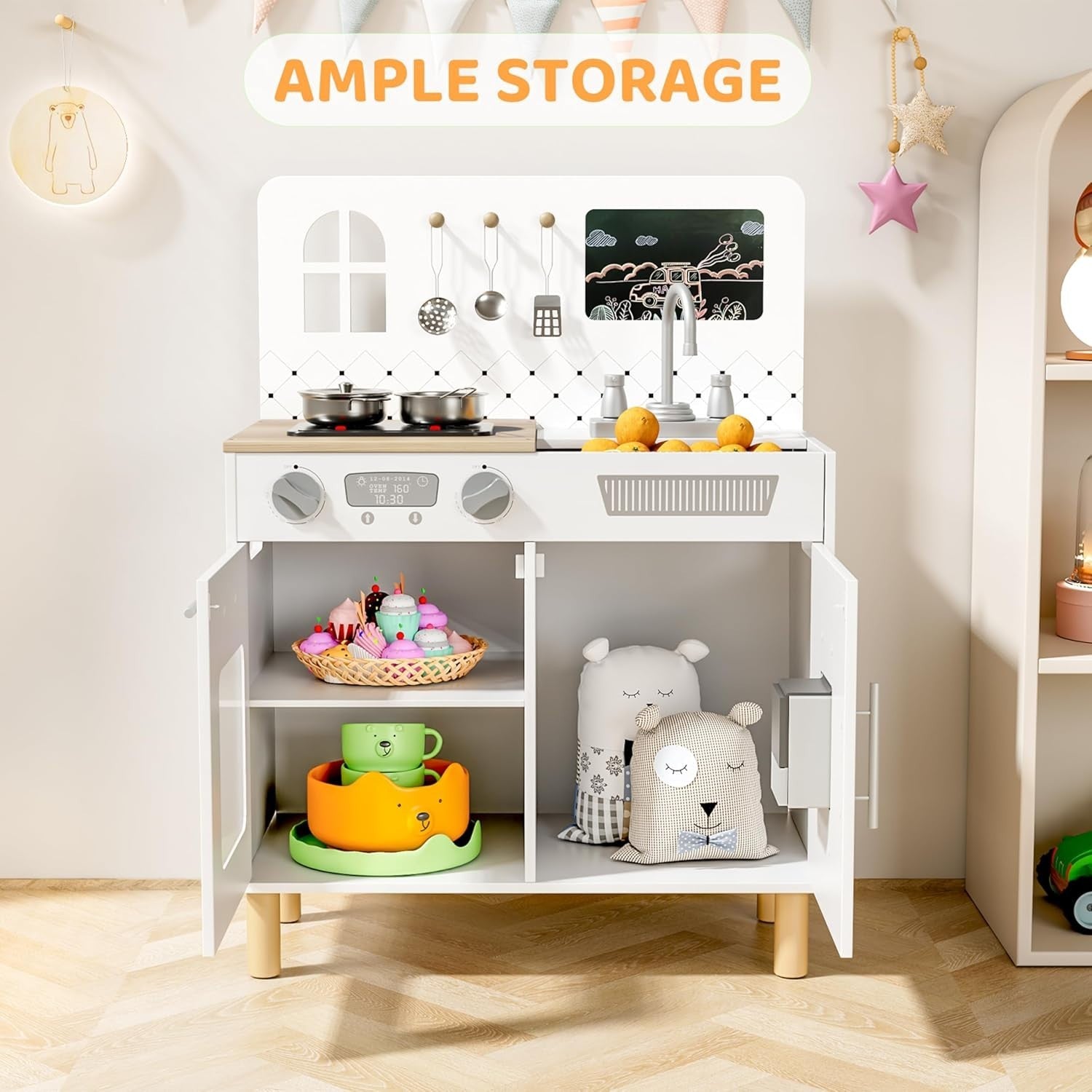 Kids Wooden Play Kitchen w/ Lights Sounds Chalkboard White Toy