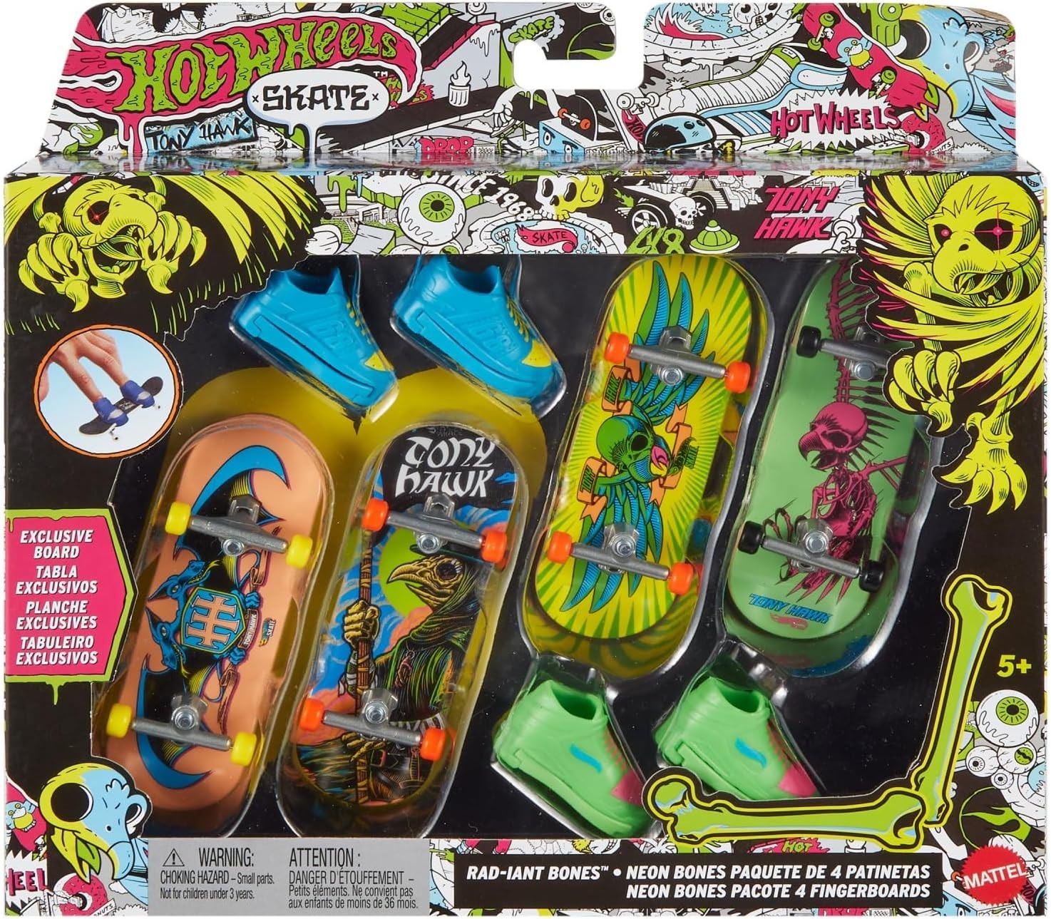 Tony Hawk Fingerboard 4-Pack Neon Skateboards with Removable Shoes