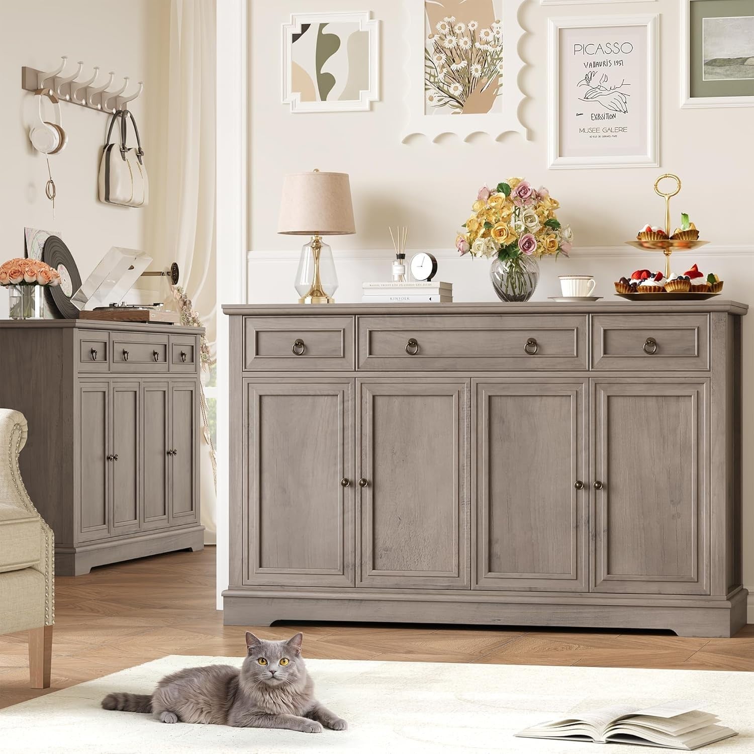 Grey Sideboard Cabinet 4 Door 3 Drawer Storage Unit for Dining Kitchen**