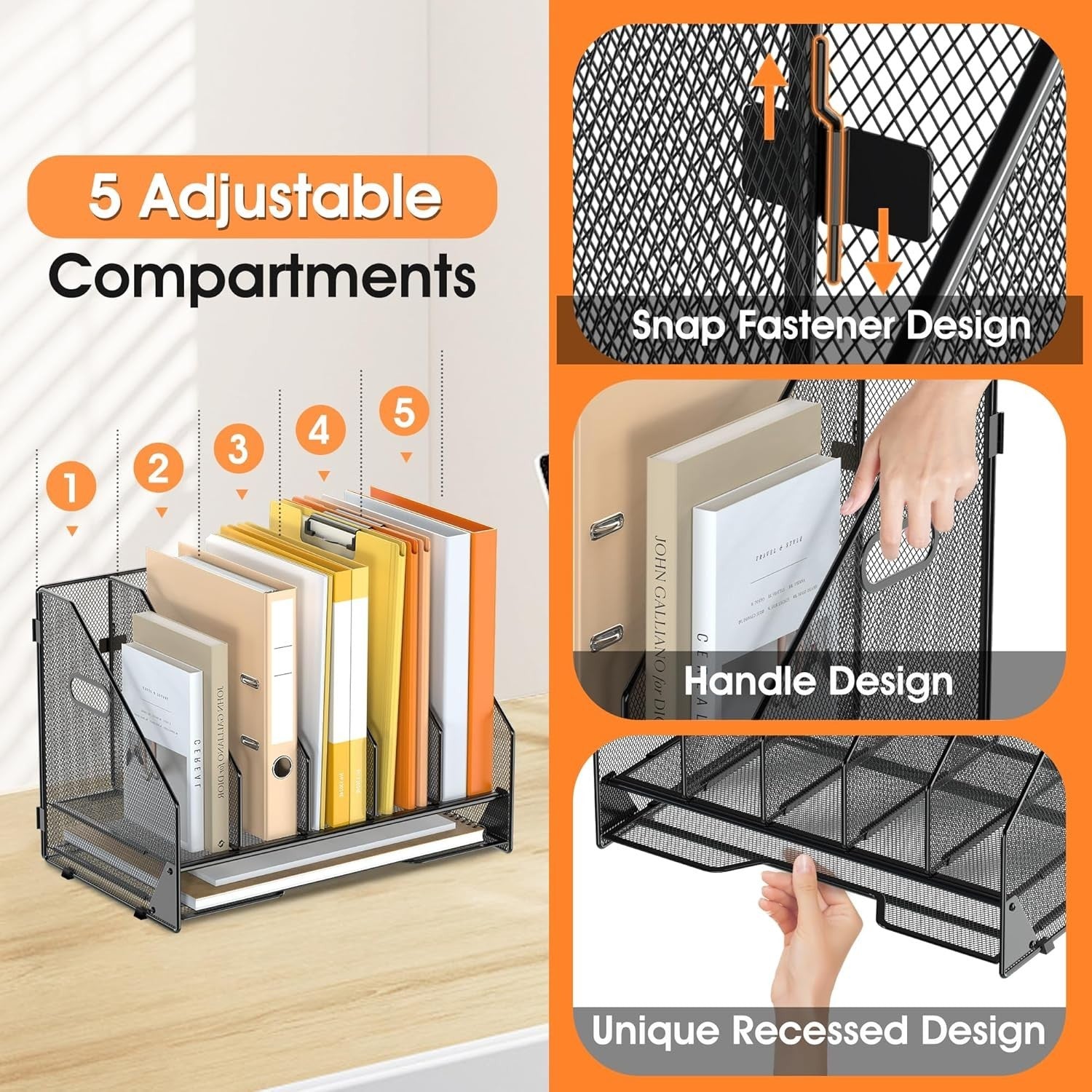 Desktop File Organizer Rack – 5 Vertical Compartments, Mesh Folder Holder, Home