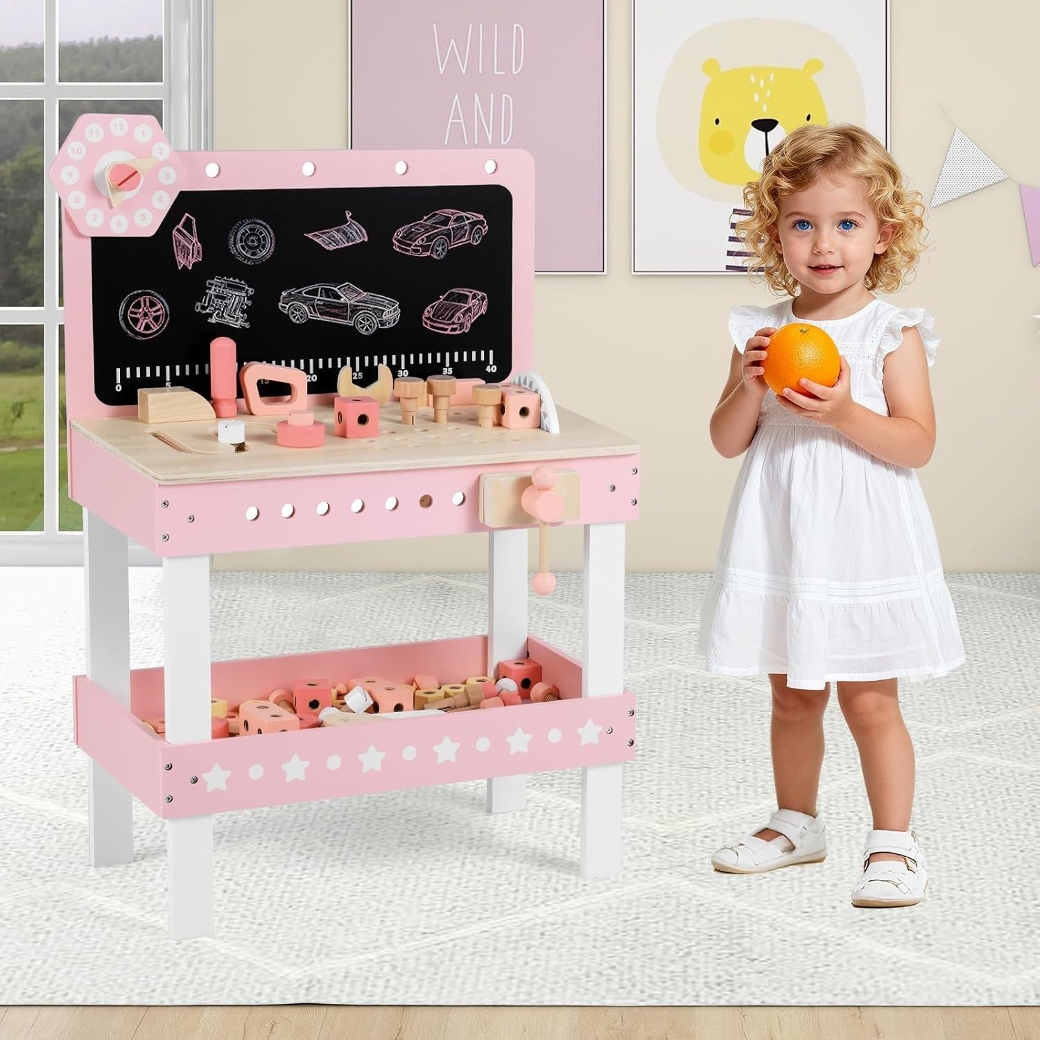 Pink Wooden Kids Workbench Tool Set 75pcs w/ Blackboard Clock Storage 50x29