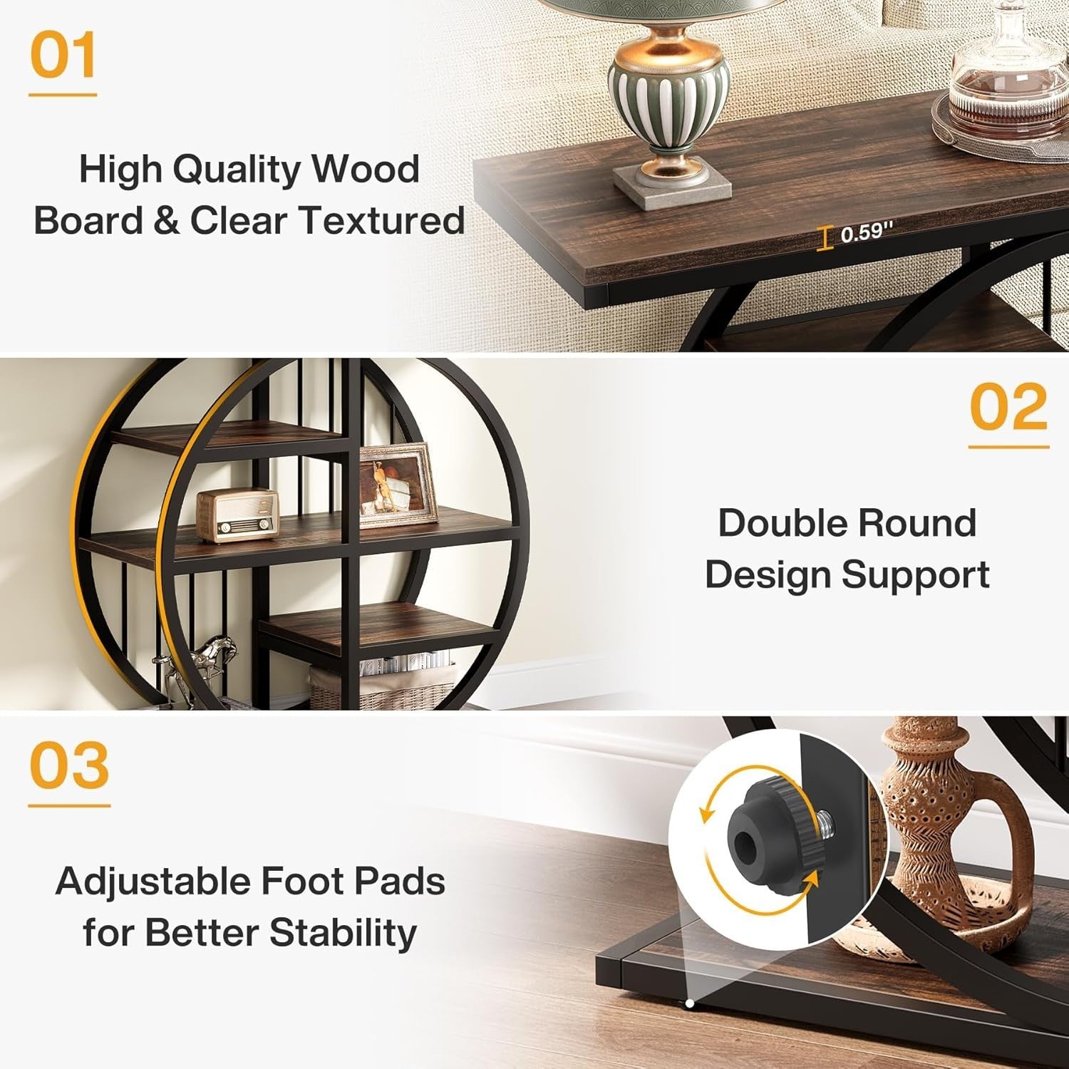 Industrial 5-Tier Console Table with Storage Shelves, Rustic Brown, 100cm