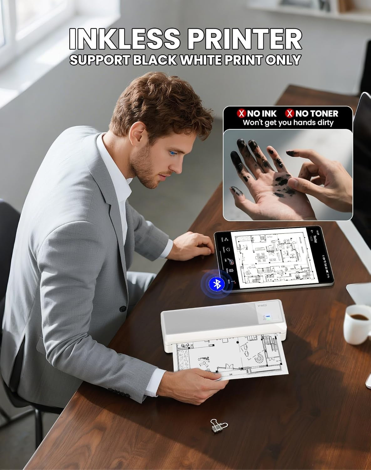 Portable A4 Thermal Printer Bluetooth Inkless Travel Office