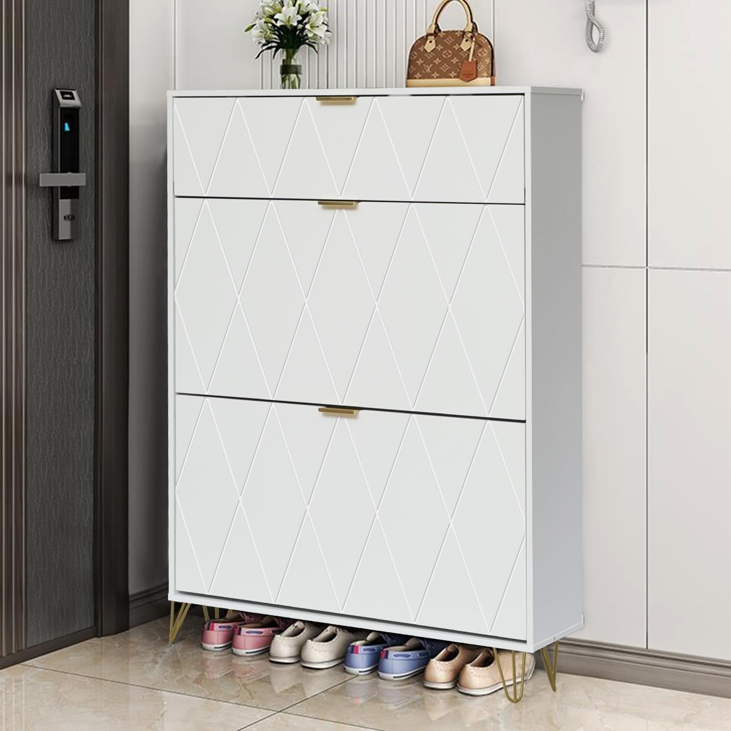 White Tilting Shoe Cabinet 3 Compartments Hidden Shelf Storage 80x24x120cm