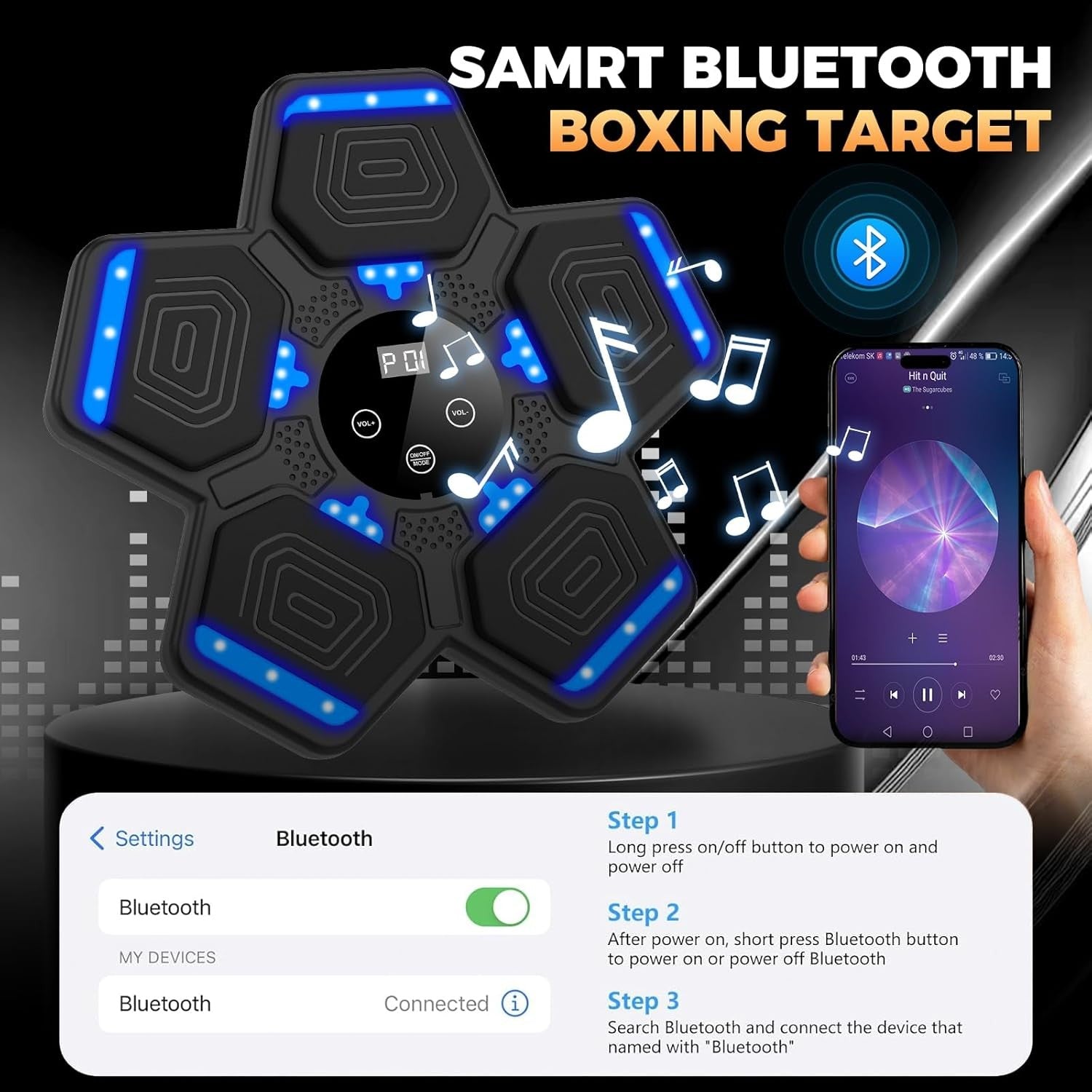Music Boxing Machine LED Punch Trainer Wall Mounted Bluetooth Fitness Pad