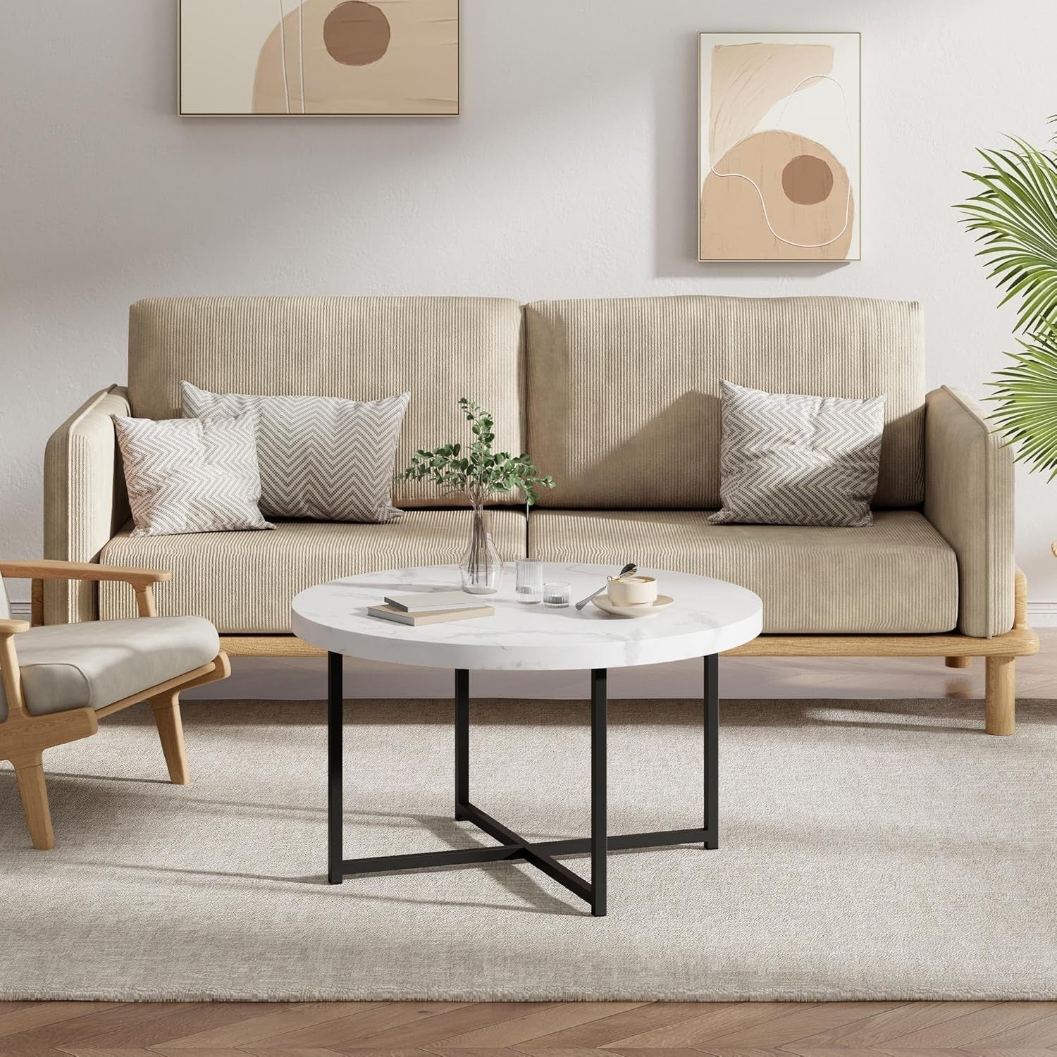 Round Marble Look Coffee Table 80cm White Grey PVC Top with Black Metal Legs
