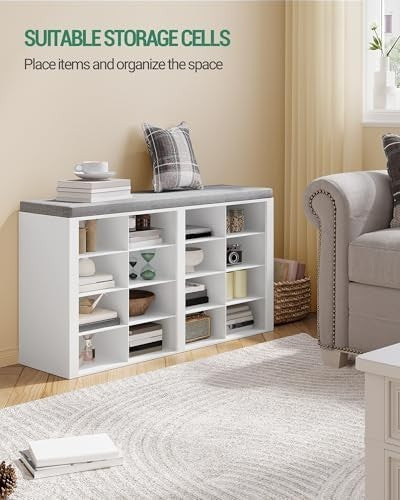 White & Grey Shoe Storage Bench with Cushion & 16 Adjustable Compartments