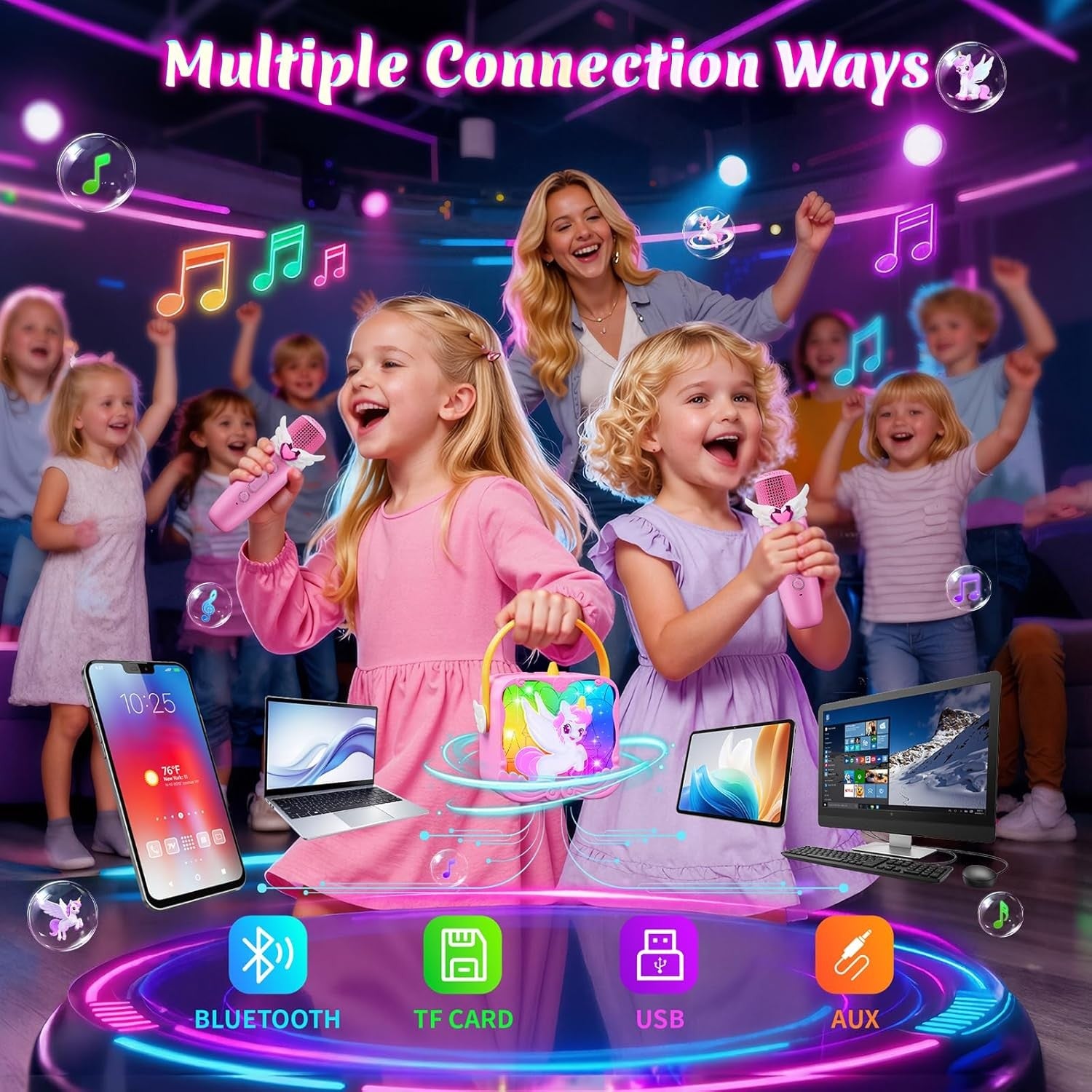 Unicorn Karaoke Machine Kids Bluetooth Speaker 2 Mics LED Lights