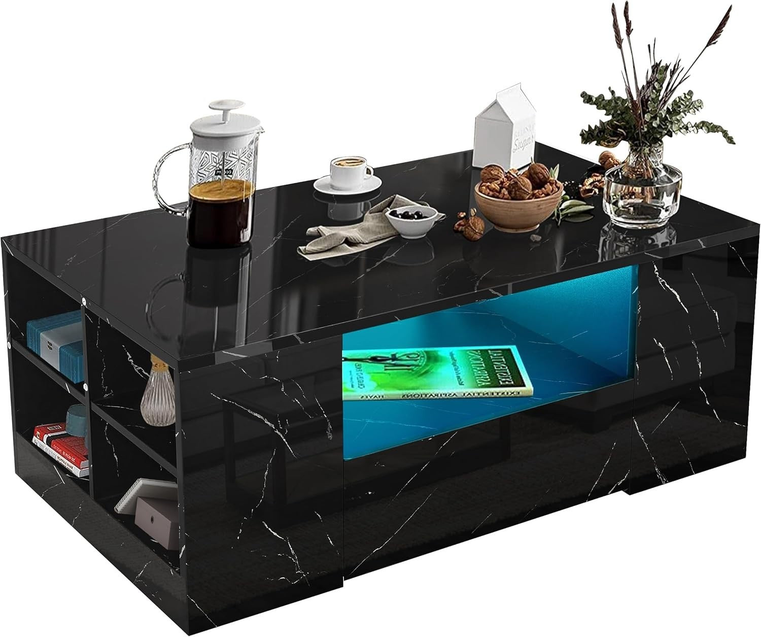 Black Marble High Gloss Coffee Table with LED RGB Lights & Storage 95x55x37cm