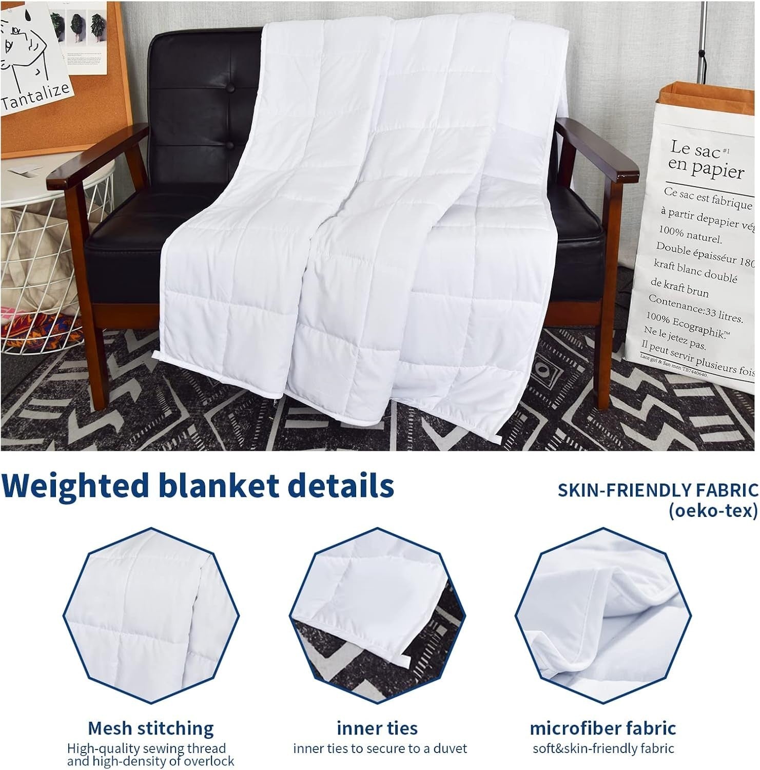 15lb Weighted Blanket Twin 48x72 White Cozy Sleep Comfort