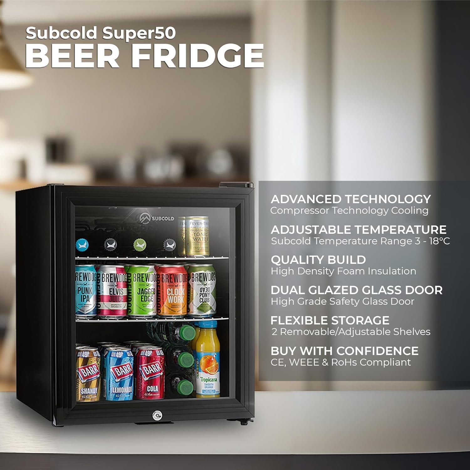 46L Mini Fridge Cooler Drinks Wine Beer LED Light Lock Energy Efficient
