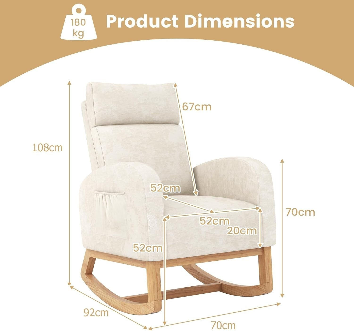 Modern Rocking Armchair w/ Soft Chenille, Side Pocket, Wood Base, 92cm