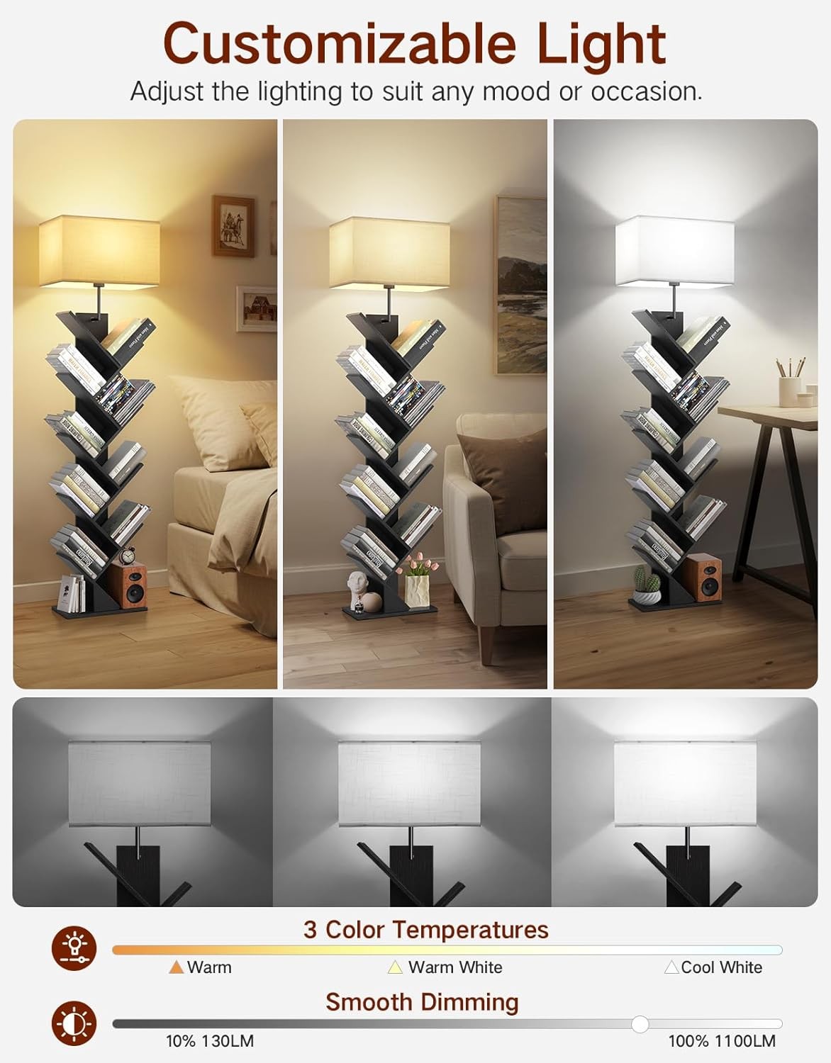 9 Tier Tree Bookshelf Floor Lamp with Light Remote Narrow Bookcase