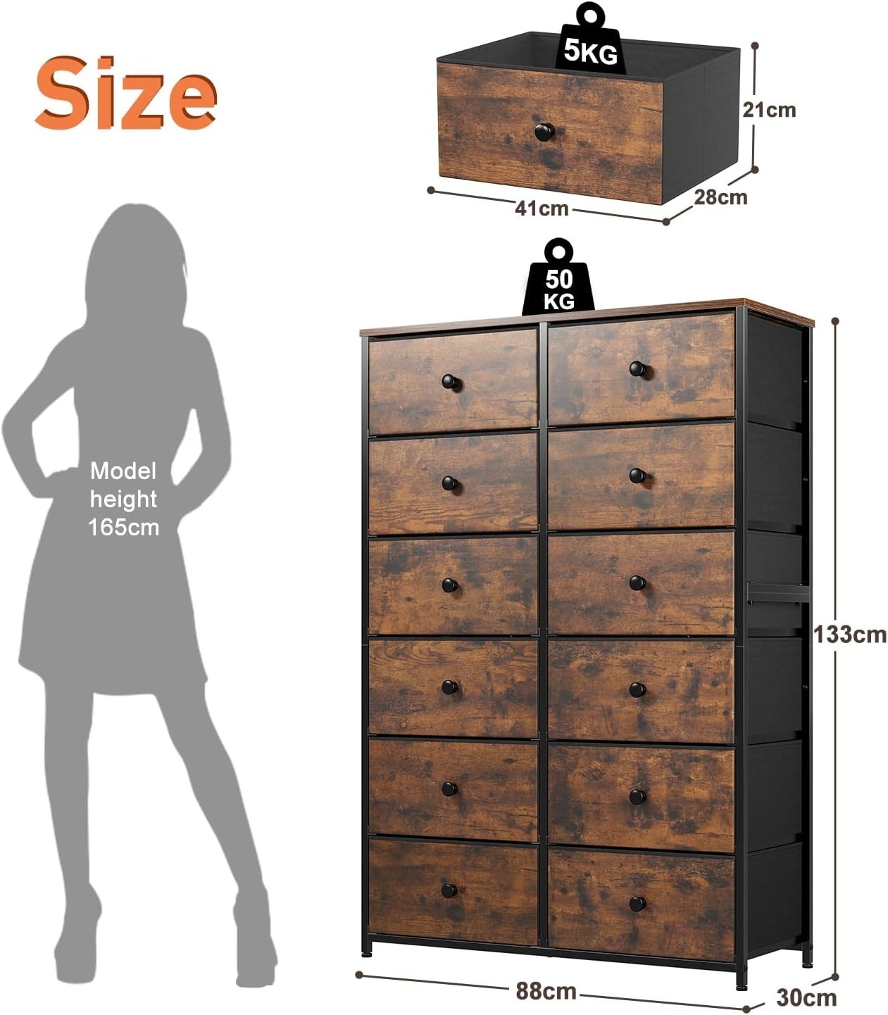 Tall 12 Drawer Chest Rustic Brown Fabric Storage Unit Metal Wood Frame