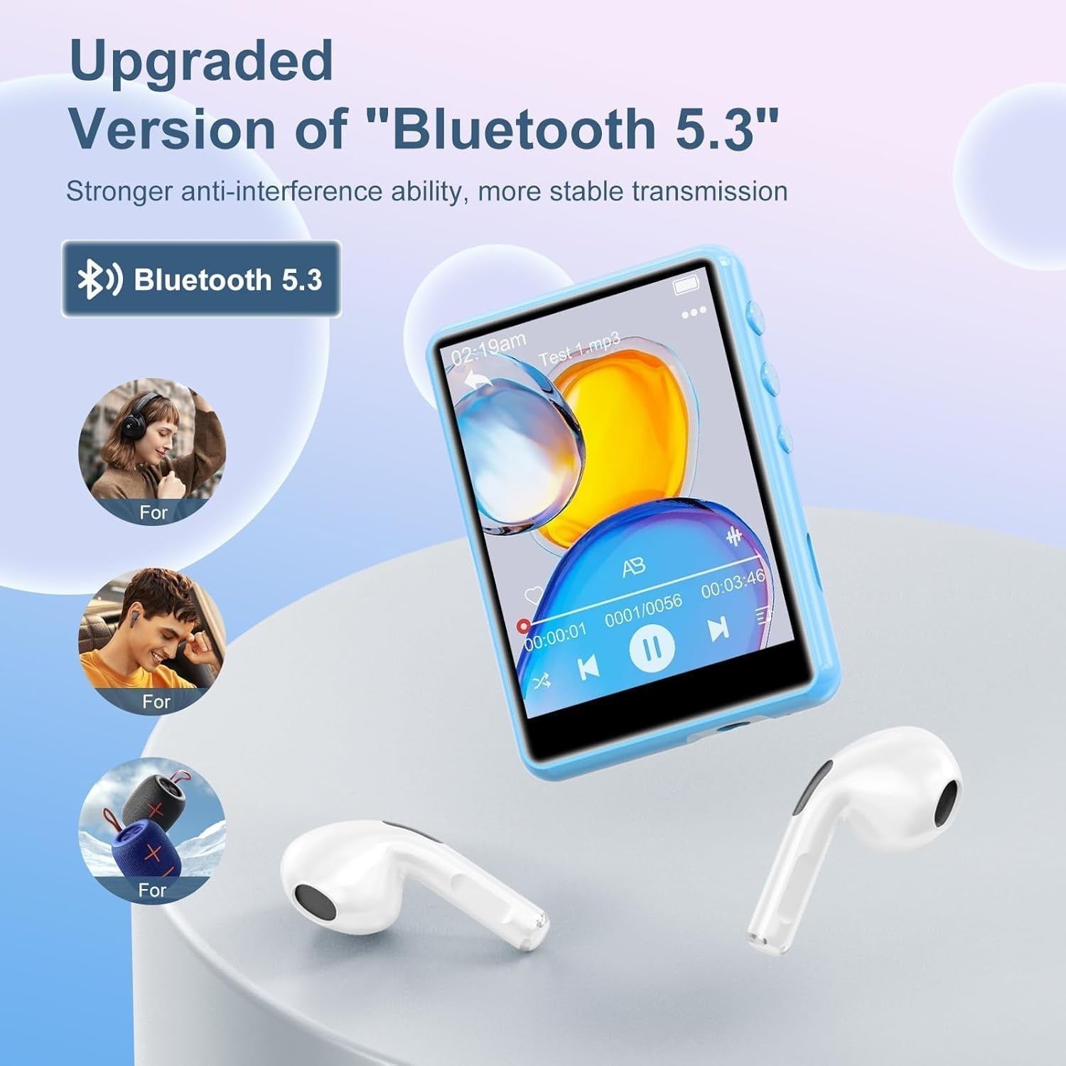 64GB Bluetooth MP3 Player Blue 2.4" Touchscreen HiFi FM