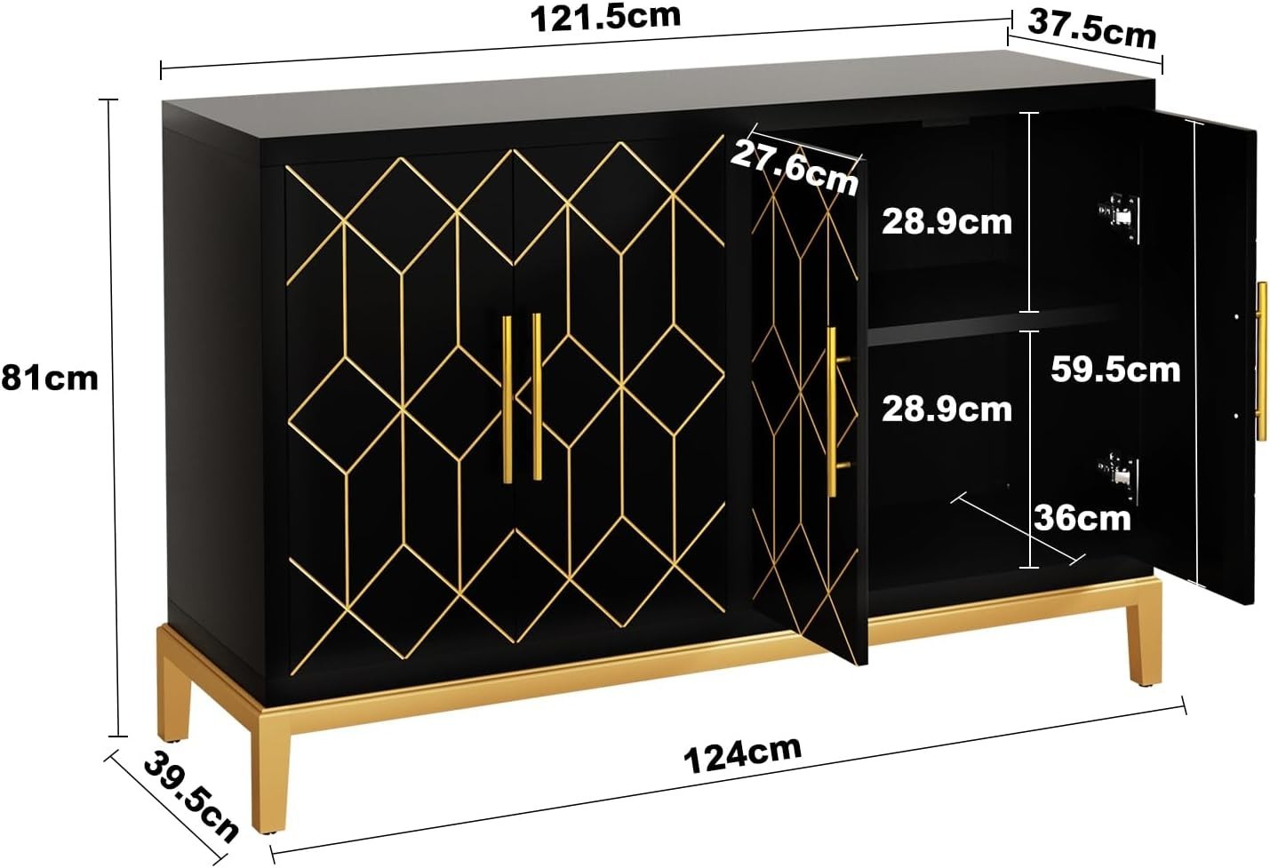 Black Sideboard Cabinet 4 Door Gold Trim Storage Unit for Hallway Room