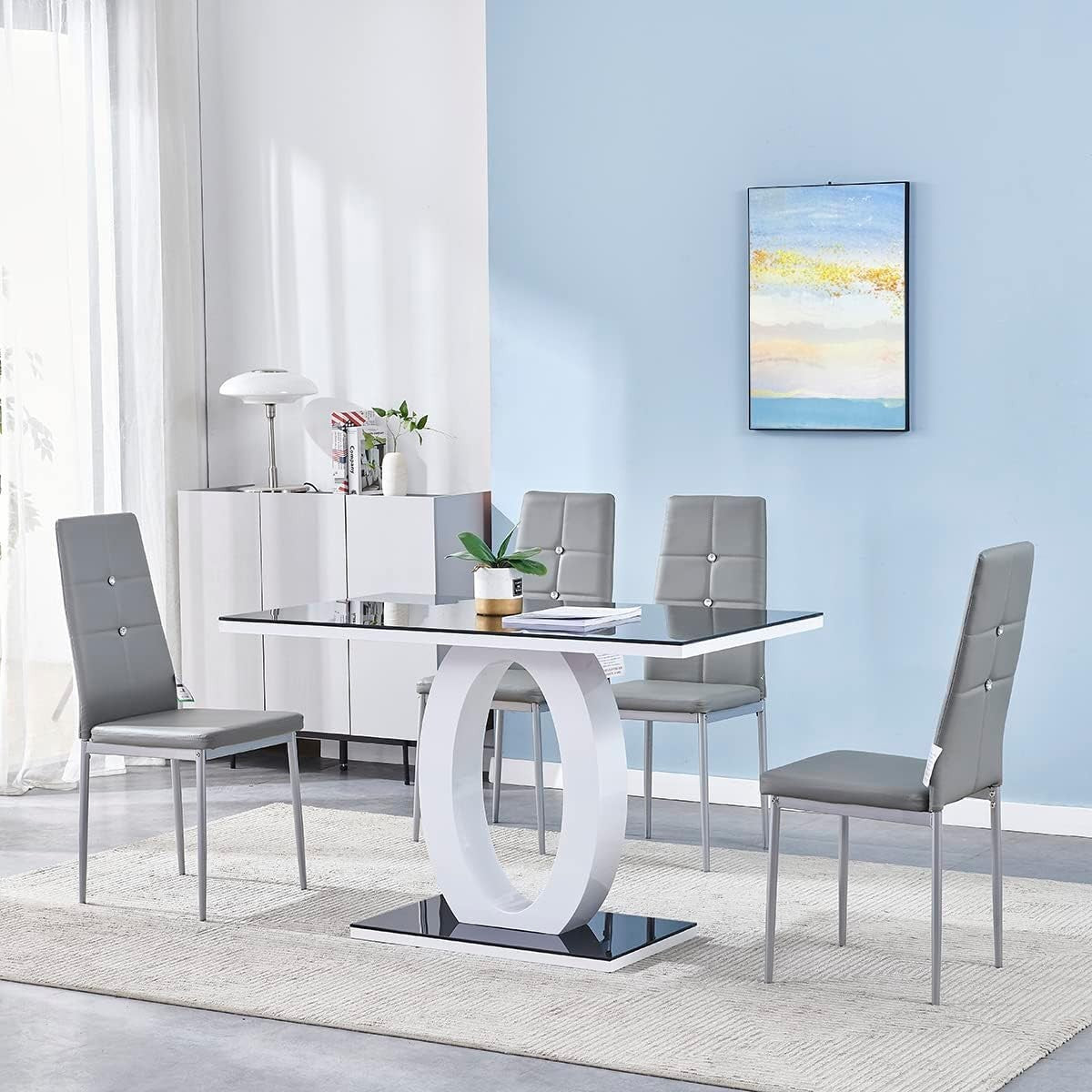 120cm Grey Gloss Dining Table & 4 Chairs | Chrome Compact Kitchen Set