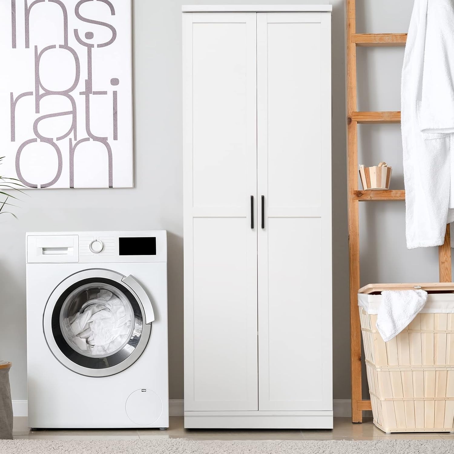 White Tall Wooden Storage Cabinet with Adjustable Shelves & Double Doors