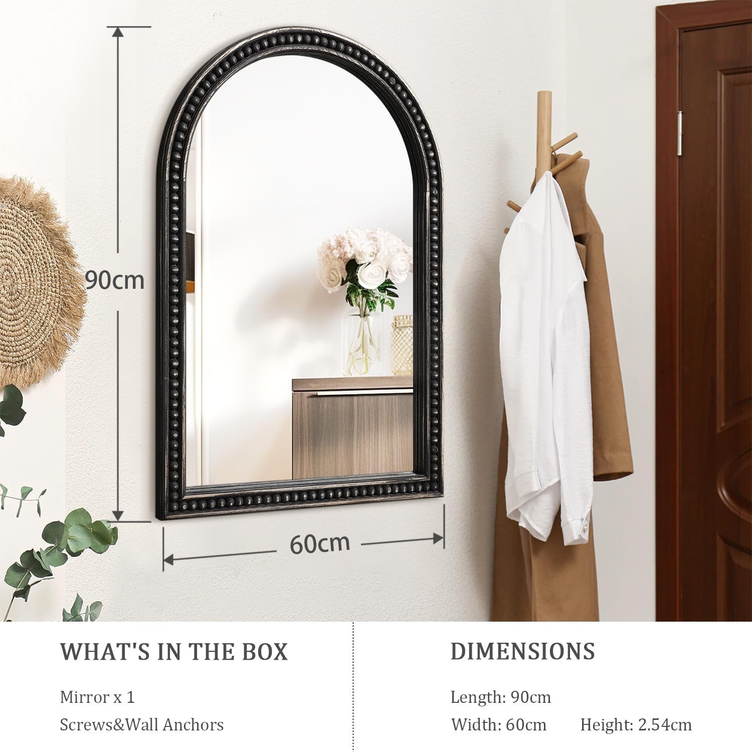 Luxury Arch Wall Mirror 90x60cm Black Wood Frame Bathroom Vanity Decor