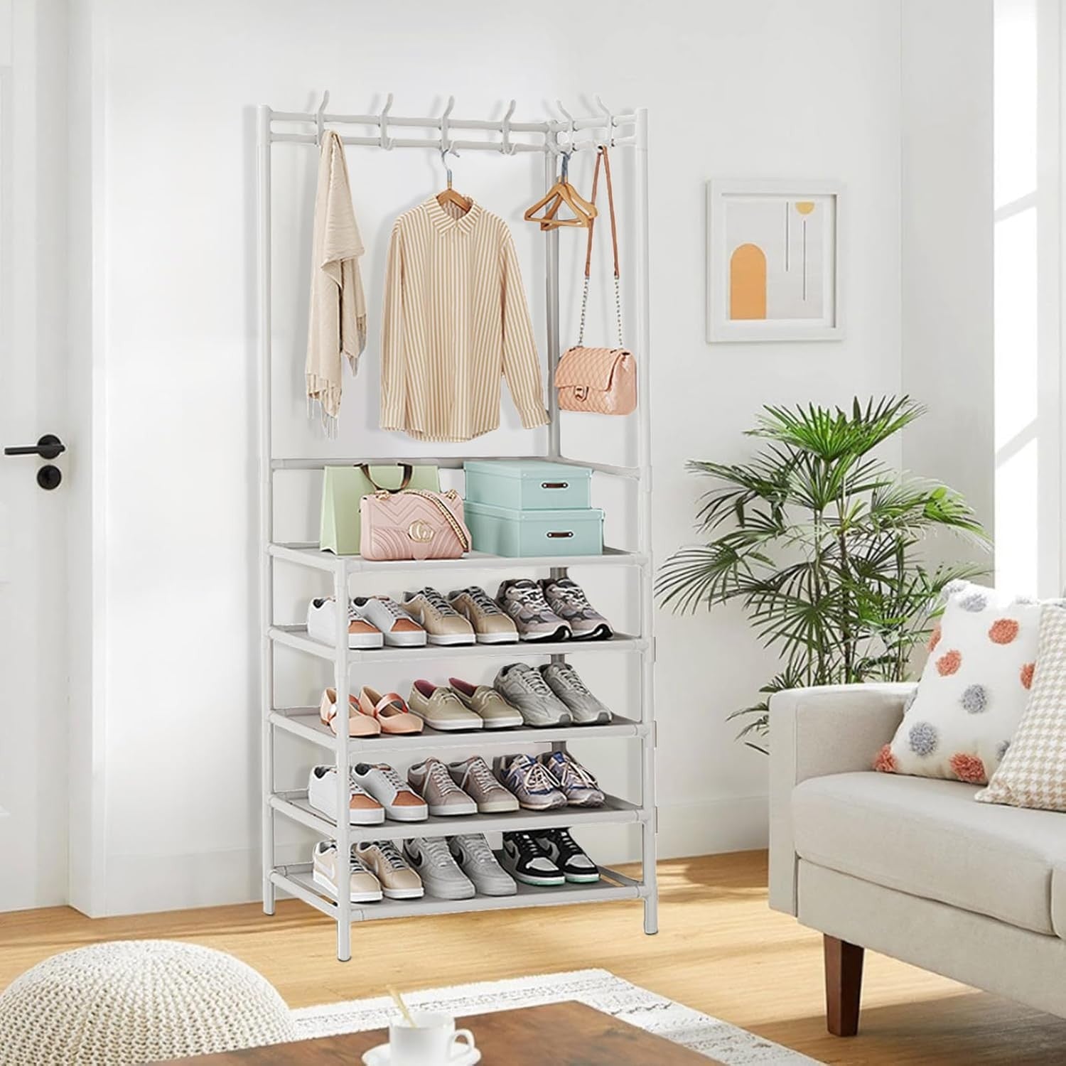 White 5-Tier Coat & Shoe Rack | Metal Hallway Storage Stand with Hooks
