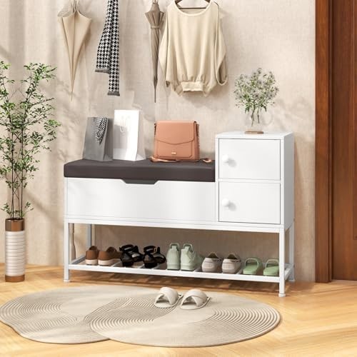 White Shoe Storage Bench with Flip Top & Cushion – Metal Frame 100cm