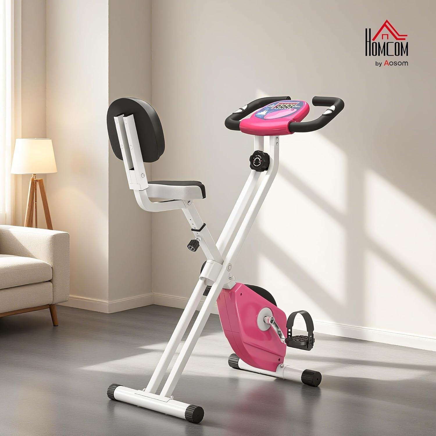 Pink Folding Exercise Bike 8-Level Magnetic Resistance LCD Pulse Monitor