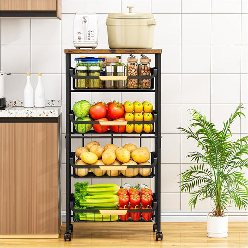 5 Tier Kitchen Trolley Storage Cart with Wheels Wooden Top Lockable Baskets