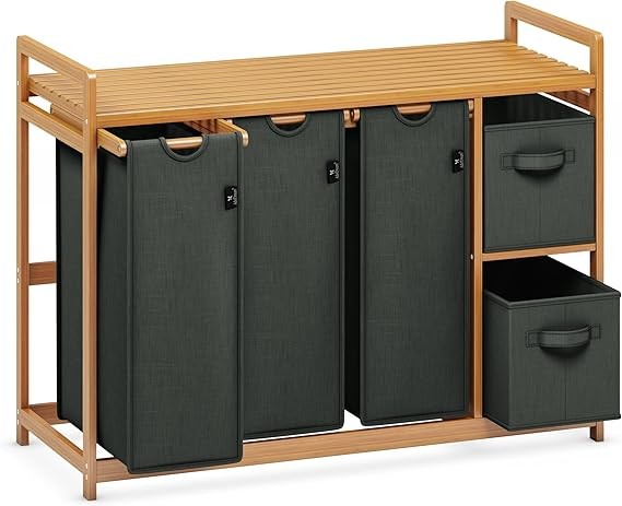 5-Compartment Bamboo Laundry Sorter with 3 Bags & 2 Drawers | 190L Organiser