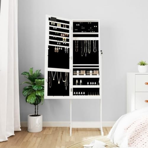 Full Length Mirror Jewelry Armoire LED Lockable Freestanding Wall Storage