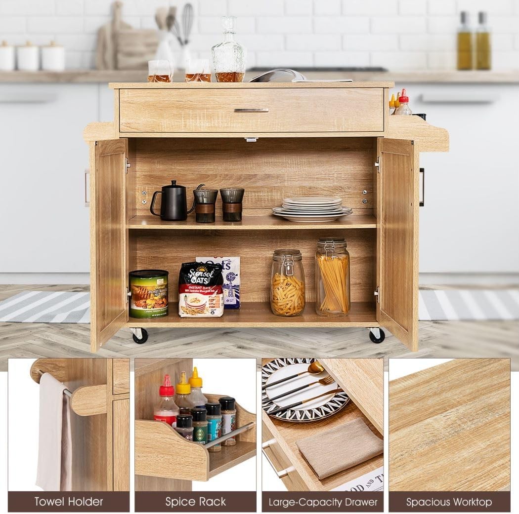 Kitchen Island Trolley on Wheels Storage Cabinet Drawer Wood Worktop
