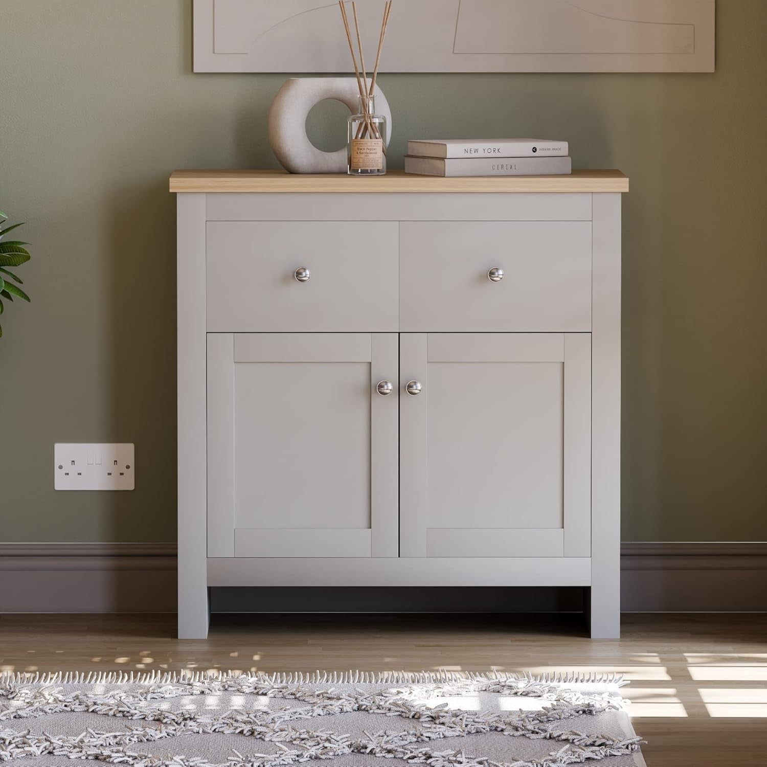 Modern Grey & Oak Sideboard Cabinet 2 Door 2 Drawer Storage Unit