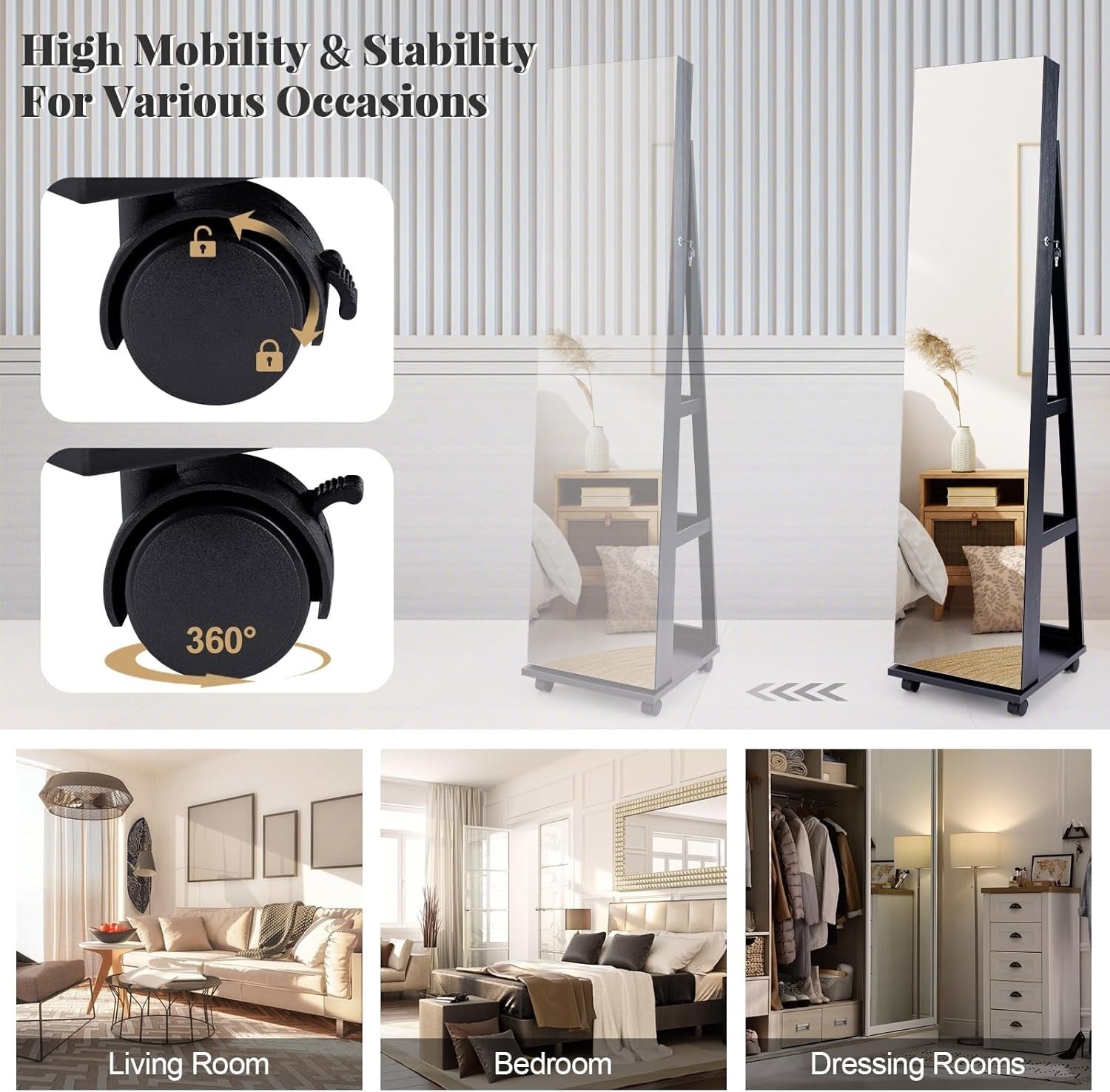 Black LED Jewelry Cabinet Mirror Lockable Rolling Storage Organizer