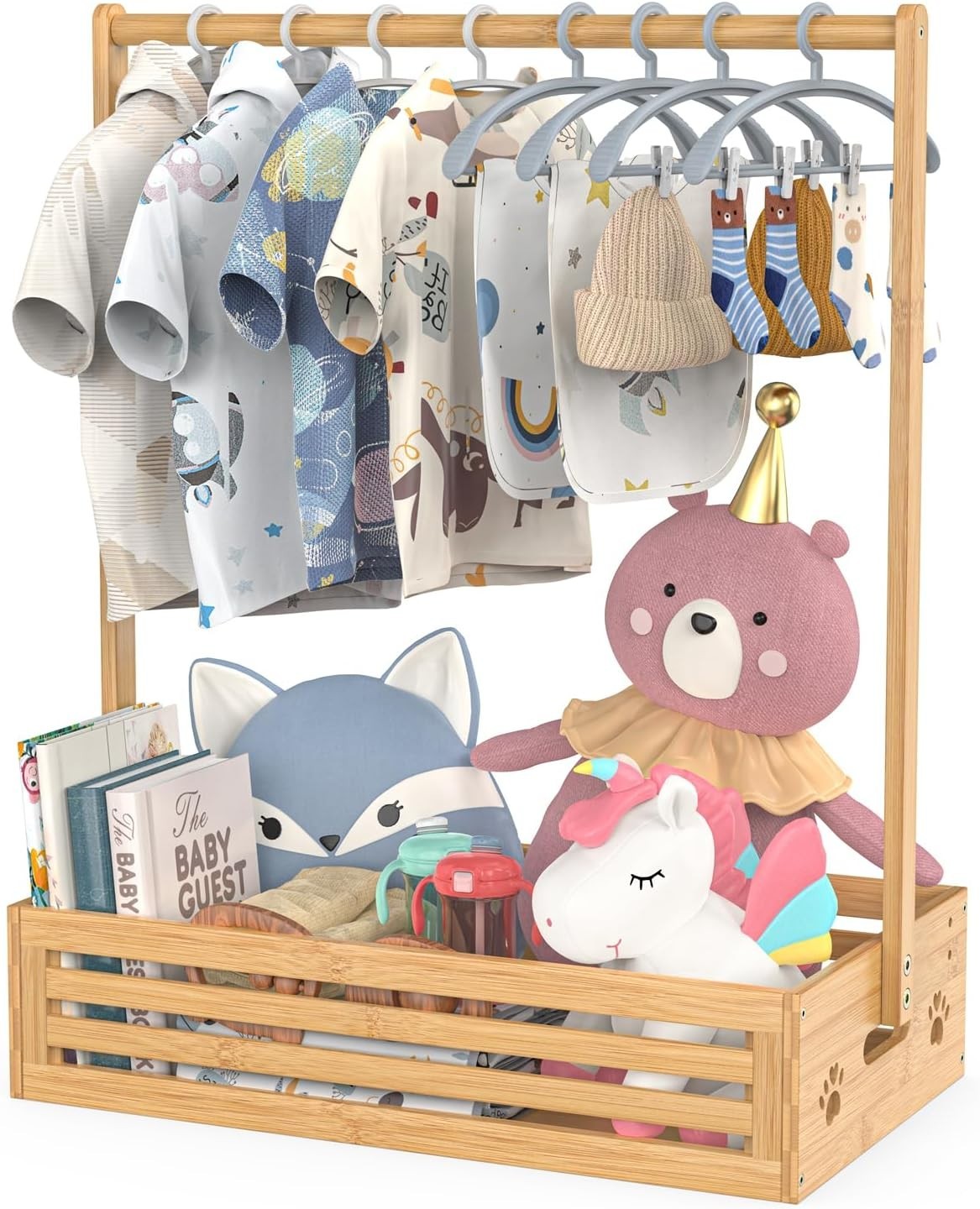 Bamboo Baby Clothes Rack with Adjustable Rod and Storage Box, Natural Finish
