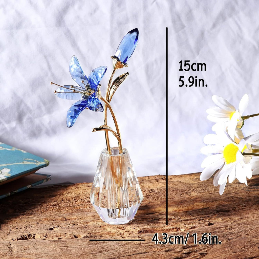 Crystal Lily Flower Ornament Blue • Luxury Glass Vase Figurine • Elegant Floral