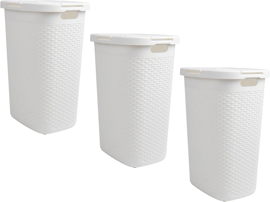 3-Pack Slim Laundry Hampers with Lids 60L White Wicker Design Bathroom Storage