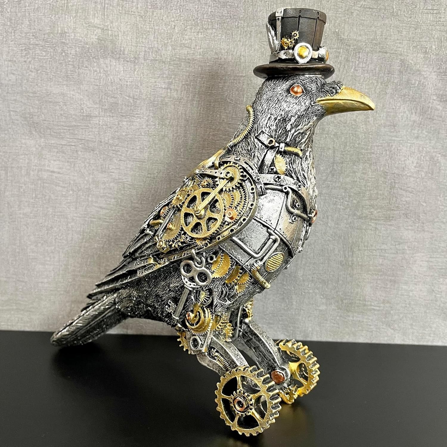 Steampunk Crow Ornament Industrial Silver Resin Gothic Bird Sculpture 27cm