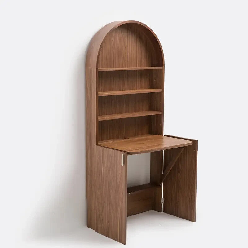 Walnut Bookcase with Folding Desk 180cm Compact Wall Storage Workspace