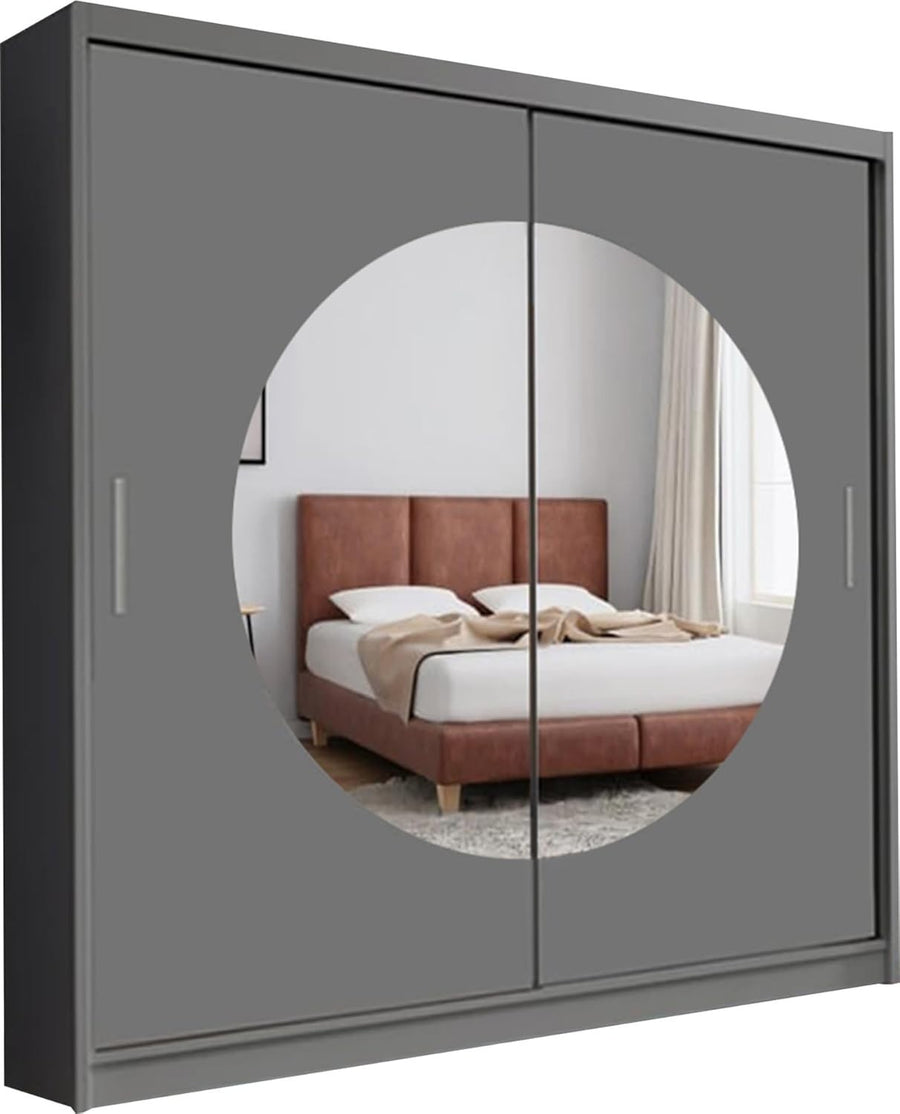 Grey Sliding Wardrobe 150cm Moon Mirror 2-Door Bedroom Storage Cabinet