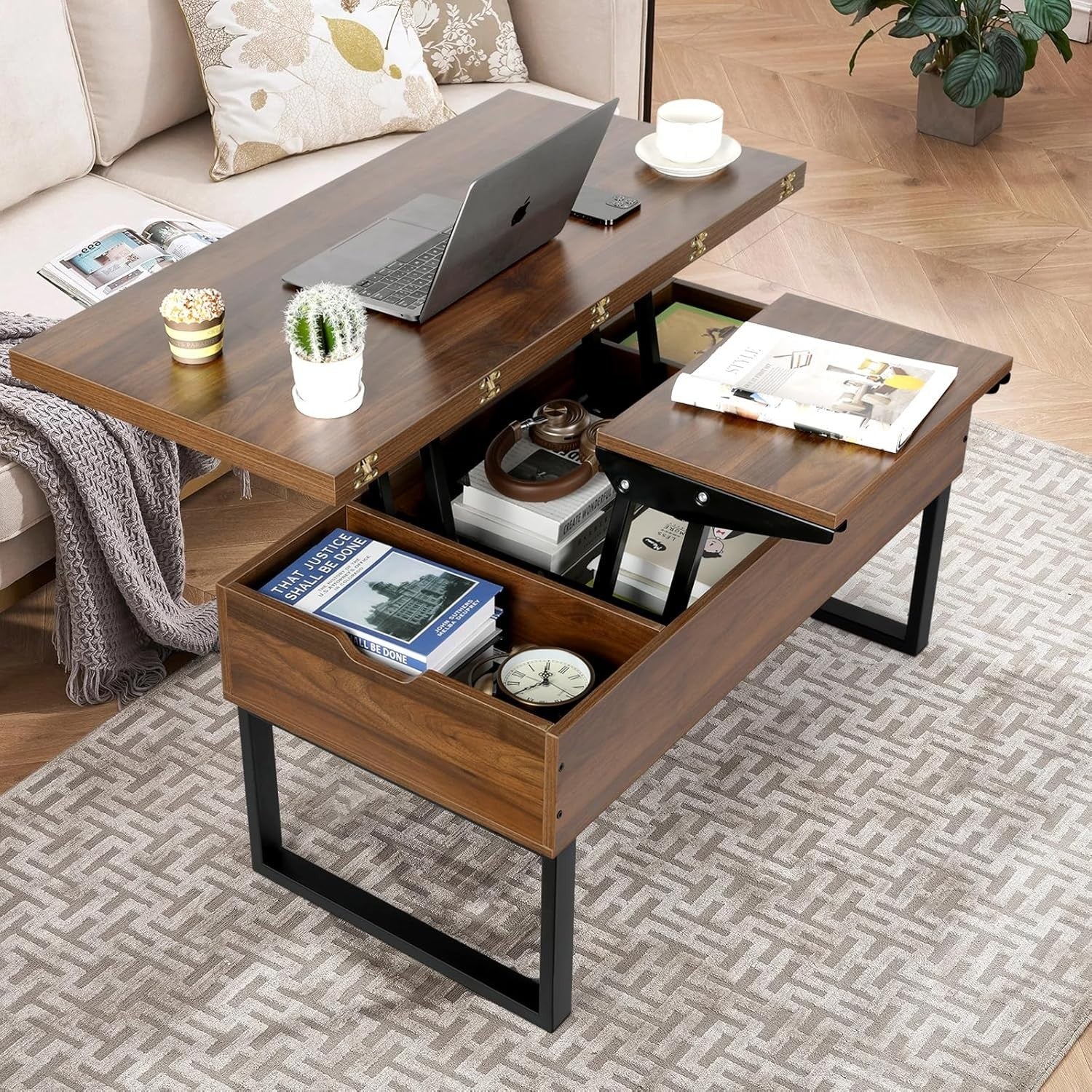Multifunctional Lift Top Coffee Table with Hidden Storage Walnut 100x50x50cm